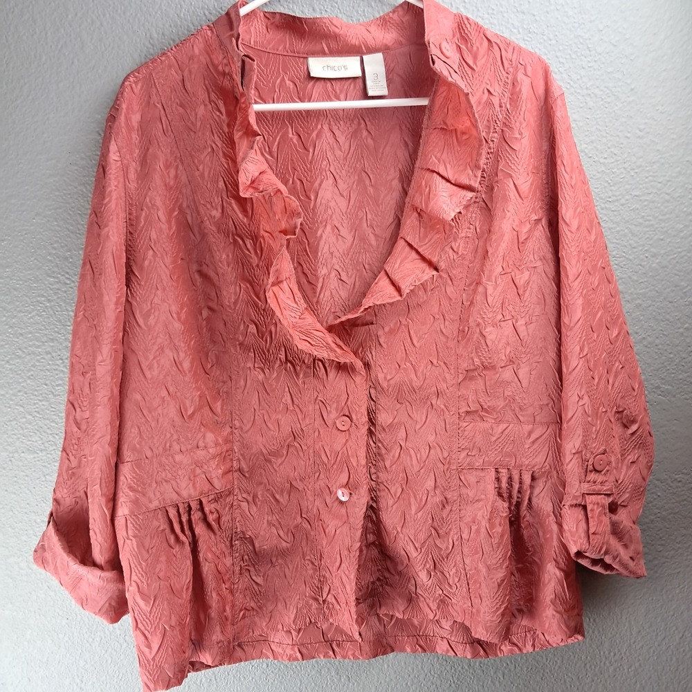 Chico's Womens Size 3 Salmon Ruffle Front Button Down Textured Jacket 3/4 Sleeve